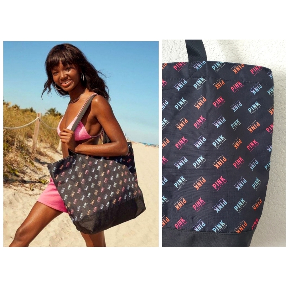 Victoria's Secret PINK Black Colorful Logo Spell Out Zip Gym Travel Beach Tote